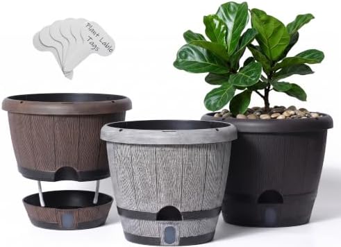 Sun-E 10" Self-Watering Whiskey Barrel Planters 3 Pack for Indoor Outdoor by SESUN-E