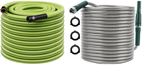 RUGGED RHINO Garden Hose, 25FT, Green/Black and Metal Garden Hose, 25FT, Hunter Green Bundle by RUGGEDRHINO