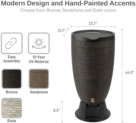 RTS Home Accents 50-Gallon Newport Rain Barrel with Stand and Removable Lid, Bronze Color - Image 3