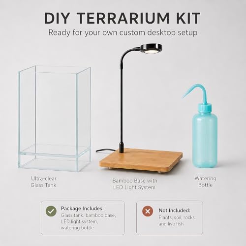 Desktop Glass Plant Terrarium with Grow Light (5.9" x 5.9" x 9") & Bamboo Base, Enclosure Kit with Watering Bottle for Carnivorous Plants, Venus Flytrap, Moss & Betta Fish, Home Office Decor - Image 4