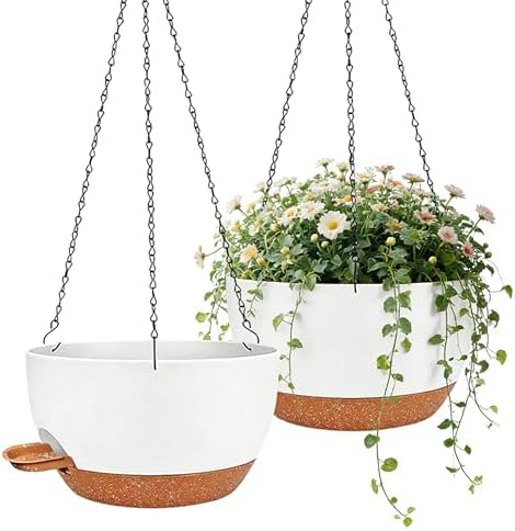 12 Inch Self Watering Hanging Planters 2 Pack, White Brown by Unknown