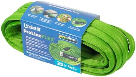 ProLine Flex Fabric Garden Water Hose, Flexible, Rubber Core, Lightweight, Collapsible, Aluminum End Fittings, Hot Water Safe, 600 PSI Burst Pressure, 300 PSI Working Pressure, 3/4 Inch x 25 ft Long by Underhill