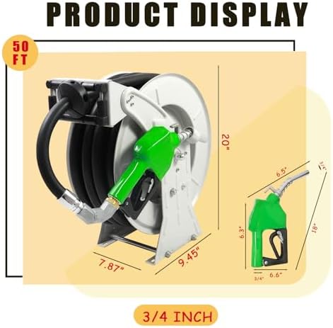 Fuel Hose Reel,Ratchet Spring-Driven Retractable 3/4"x50' Diesel Hose Reel W/Swivel,AUTO Fuel Nozzle,300 PSI,1"NPT Inlet,3/4"Outlet Heavy Duty Steel Construction for Farm Ship Vehicle Tank - Image 2