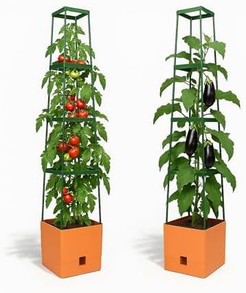BioGreen 2 Pack Garden Tomato Planter MAXITOM, with Plant Support Trellis 59 inch and Self Watering, 4,2 Gal Planter Box for Climbing Vegetables Plants, Terracotta by BioGreenUSAInc