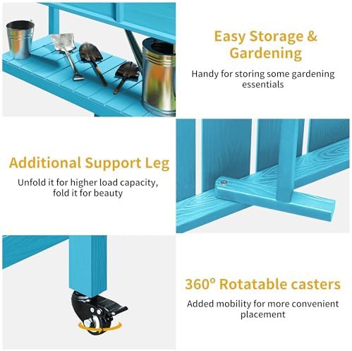 DWVO 47x18x31in Raised Garden Bed HDPE, Weather-Resistant Poly Wood Planter Box Stand, Planter Box with Legs, Storage Shelf & Lockable Wheels, Elevated Garden Bed for Backyard Patio - Aruba Blue - Image 4