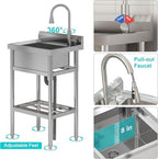 24"x20"x42" Stainless Steel Utility Sink, Freestanding Single Bowl with Hot & Cold Water Faucet, Commercial Kitchen Laundry Bathroom Garage Garden Sink - Image 4