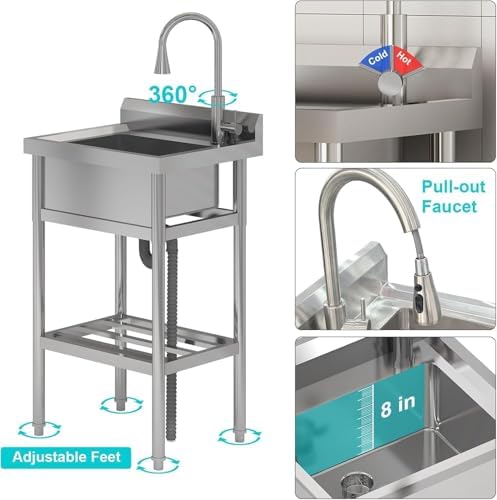 24"x20"x42" Stainless Steel Utility Sink, Freestanding Single Bowl with Hot & Cold Water Faucet, Commercial Kitchen Laundry Bathroom Garage Garden Sink - Image 4