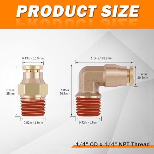 1/4" DOT Quick Push to Connect Fittings Brass Male Straight and 90 Degree Elbows,1/4" OD x 1/4" NPT Thread Air Bag Hose Fittings for Truck Trailers or Industry Air Brake System 21 Pcs - Image 2