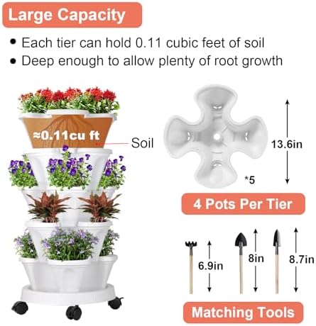 GameXcel Vertical Planter Tower - 7 Tier Stackable Garden Planters with Wheels and Tools Plant Pots for Strawberry Herb Flower and Vegetable Indoor Outdoor Use White - Image 6
