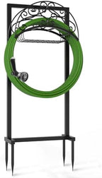 Breeze Touch Garden Hose Holder Freestanding with Basket, Heavy Duty Outdoor Hose Stand, Metal Rack for Yard, Durable Water Hose Storage for outside, Compact Organizer for Garden Use by BreezeTouch