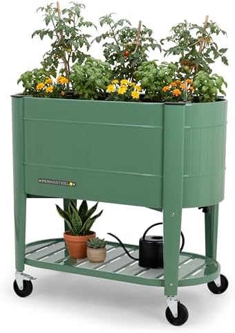 Permasteel Raised Garden Bed with Legs, 40×20×37 in, Planter Box with EnGrow™ TrueSoil™ Technology for Vegetables, Flowers, Herbs, and Fruit, Outdoor Indoor, Storage Shelf, Sage by Unknown