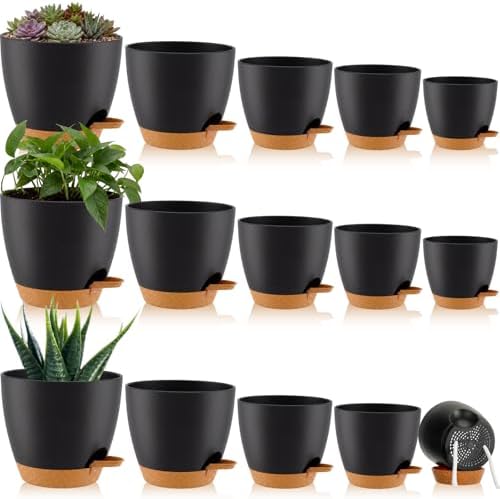 Remerry 15 Pcs 7/6.5/6/ 5.5/5 Inch Self Watering Planters with Drainage Hole Plant Pots Plastic Flower Pots Self Watering Pot and Saucer Reservoir for Garden Plant Flower(Black) by Remerry