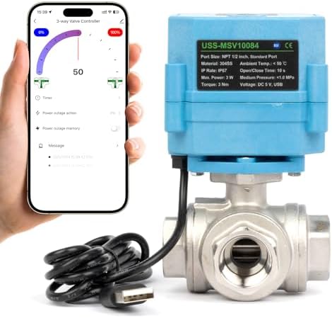 U.S. Solid WiFi Smart Motorized Ball Valve 1/2 in NPT 3-Way 304 Stainless Steel Electric Actuated Valve USB Powered NSF Certified LED Indicator for Water Irrigation by USSolid