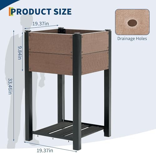 IDEALHOUSE 19.37"x19.37"x33.46" Raised Garden Bed, HDPE Elevated Planter Box with Sturdy Aluminum Frame, Wood Grain Outdoor Planter with Storage Shelf for Patio, Balcony, Lawn - Image 3