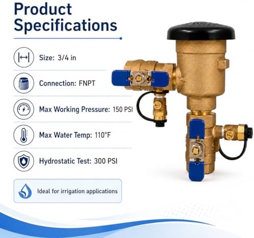 3/4" Pressure Vacuum Breaker Assembly – Bronze Body, Dual Shutoff Valves, Protective Top Cap, 3/4 in FNPT, Integrated Test Cocks – Durable Backflow Preventer for Irrigation & Lawn Systems - Image 4