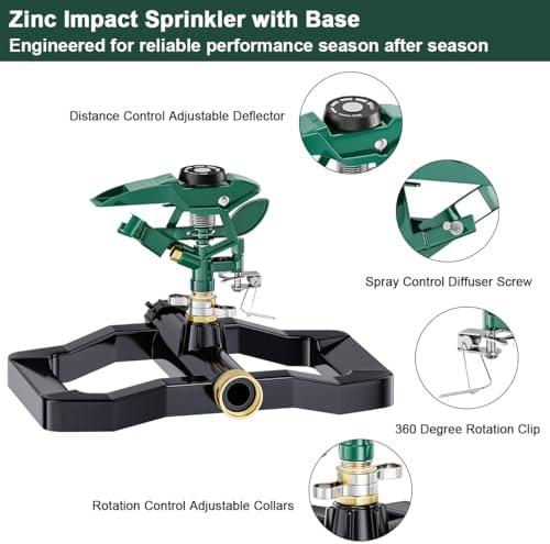 FANHAO Heavy Duty 360 Degree Pulsating Impact Sprinkler, Adjustable Lawn Sprinkler with Metal Base, Covers Up to 5,800 Sq. Ft, Large Area Irrigation System for Lawn, Garden Plant & Patio Cooling - Image 3