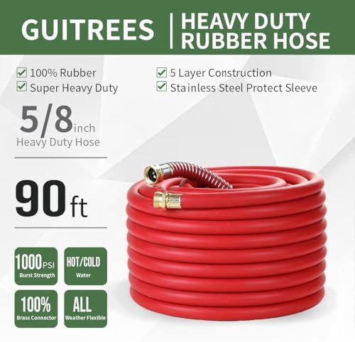 Guitrees Garden Hose 90FT x 5/8”, Heavy Duty Rubber Hose, Water Hose with Five-Layered Braiding, Hot/Cold Water, 1000PSI Burst, 200PSI Working (Red) - Image 2