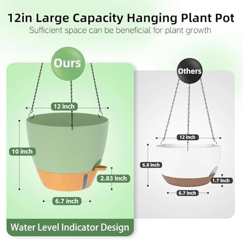 ZMTECH 12 Inch Large Self Watering Hanging Planters for Indoor Outdoor Plants - Water Level Indicator & Removable 60 Oz Reservoir, 1 Pack Plastic Hanging Basket for Window Porch Garden Balcony, Green - Image 2