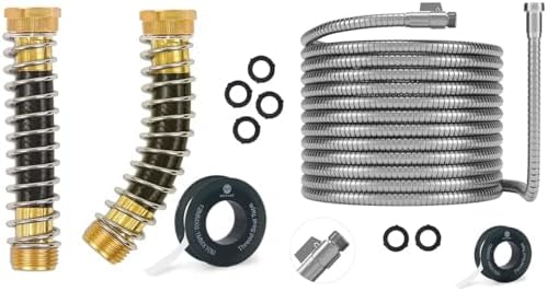Morvat 50FT Stainless Steel Garden Hose with Brass ON/OFF Valve, Crush Resistant PLUS 2 Pack Coiled Brass Garden Hose Kink & Strain Protector, Connector for Water Valve & Faucet, with Washers & Tape by Morvat
