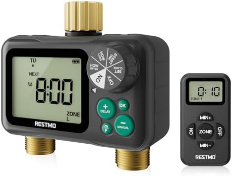 RESTMO Remote Control Brass Sprinkler Timer for Outdoor Hose Faucet 2 Zone by Restmo