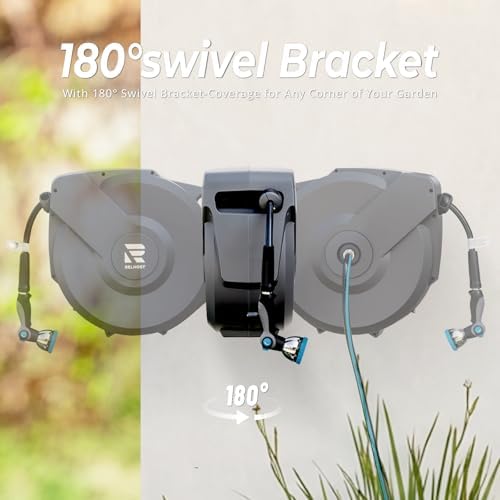 Garden Hose Reel 115 ft x 5/8 in, Retractable Heavy Duty Hose Reel with Any Length Lock, Auto Rewind System, 180° Metal Swivel Bracket, 10-Pattern Garden Hose Nozzle, Dark Grey - Image 4
