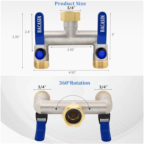 Brass Garden Hose Splitter 2-Way Heavy Duty - 3/4" GHT Threads with 2×304 Stainless Steel Handles, High Flow Design for Efficient Water Distribution - Image 6