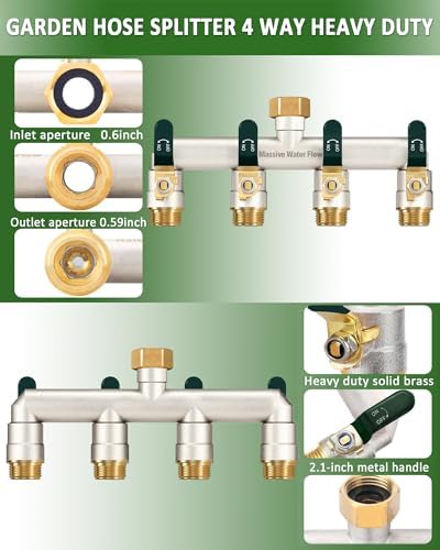4 Way Hose Splitter, Heavy Duty Full Flow Garden Hose Splitter with 4 Large Metal Handles, Brass Water Hose Bib Splitter, T Adapter Connector with 3/4 - Inch GHT Thread (Green) - Image 3