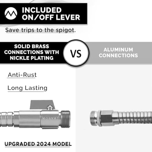 Morvat 50FT Stainless Steel Garden Hose with Brass ON/OFF Valve, Crush Resistant PLUS 2 Pack Coiled Brass Garden Hose Kink & Strain Protector, Connector for Water Valve & Faucet, with Washers & Tape - Image 2