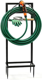 Black Garden Hose Holder Stand, Heavy Duty Freestanding Water Hose Storage Rack with 4 Anchor Spikes Nozzle Groove and Storage Basket Weather Resistant Iron Organizer for Yard Lawn Garden Farm Outdoor by Unknown