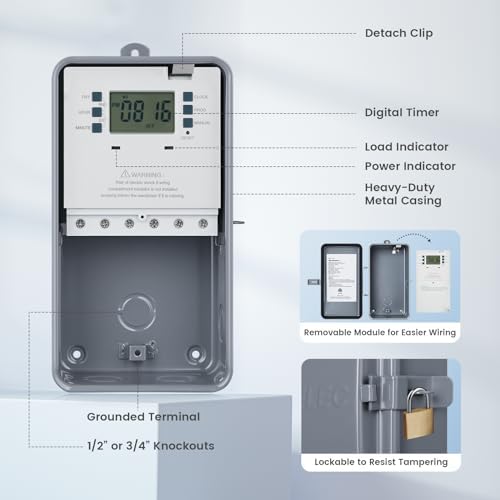 Suraielec Pool Timer, 7-Day 24-Hour Digital Pool Pump Timer, 40 AMP Heavy Duty, 120/240/277 VAC, Outdoor Metal Casing, Electric Switch Box for Swimming Pump, Hot Water Heater, Spa, Lights - Image 6