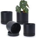 Phoenix Vine 6 Inch Planter Pot with Drainage Hole & Saucer, Deep Water Catch Tray, Straight Cylindrical Round Pot for Plants, Matte Black, Pack of 4, 23-C-S-4 by Phoenix+Vine