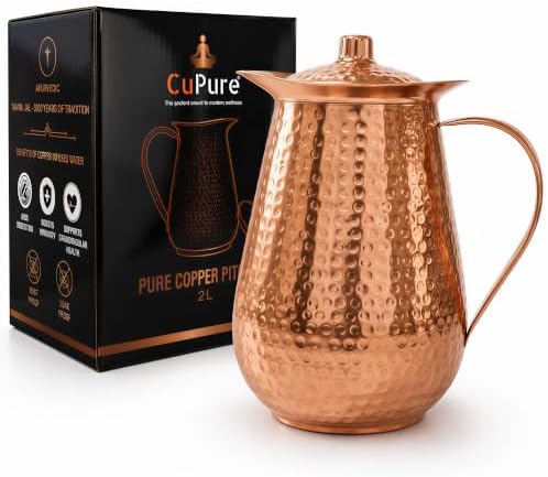 99.9% Pure Copper Water Pitcher with Lid, 70 Fl Oz (2L), Hammered Copper Jug with Ergonomic Copper Handle, No Inner Lining or Lacquer, Anti-Slip Base, for Home, Dining & Gifting by CuPure