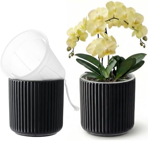 Orchid Pot,Ceramic Plant Pot with Clear Orchid Pot,6 inch,Black by TineDew
