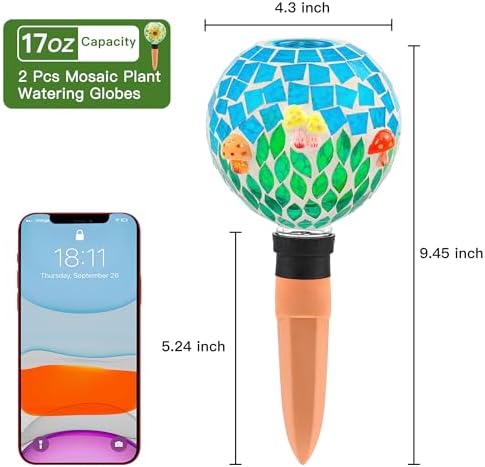 SAVENNA Mosaic Plant Watering Globes with Terracotta Spikes, 17oz Glass Self Watering Globes for Indoor & Outdoor Potted Plants, Decorative Water Drippers, Set of 2,Sunflower & Mushroom Pattern - Image 6