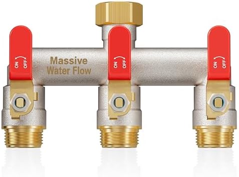 Hose Splitter 3 Way Heavy Duty Full Flow Brass Nickel Plated Outdoor Faucet and Garden Connector - Water Spigot Splitter - T Adapter with Shut-Off Valve, 3/4 - Inch GHT Thread（Red） by Lnezcdb