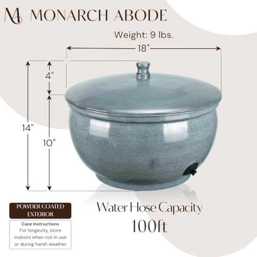Monarch Abode Garden Hose Holder with Lid – Decorative Water Hose Holders for Outside, Smooth Metal Patina Pot with Drainage, 100ft Waterhose Holder for Outside, Garden Storage Caddy - Image 3