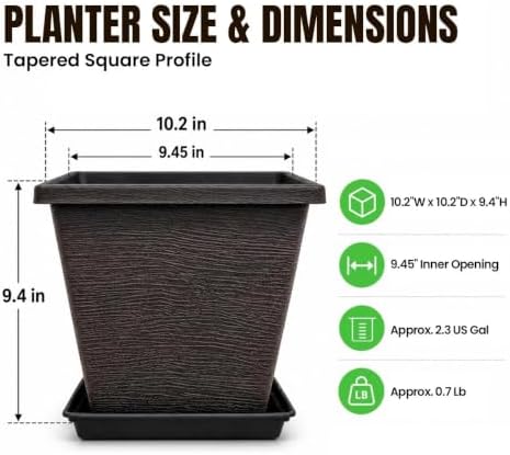 Usocik 10 Inch Square Planter Pots with Saucers, Coffee Brown, 2 Pack - Image 4