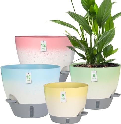 4-Piece Planter Set, 12/10/9/8-inch Self-Watering Pots with Drainage Holes, Deep Trays, Water Level Indicators, Suitable for Plants (12/10/9/8-inch, White Gradient Design) by Unknown