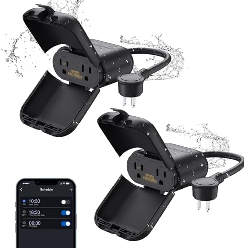 ELEGRP PQR21 Outdoor Smart Dimmer Plug Waterproof IP66, Smart WiFi Plug with 2 Individually Sockets, Compatible with Alexa & Google Assistant, Outdoor Dimmer for String Lights, UL Listed, 2 Pack by ELEGRP%7CELEGROUP