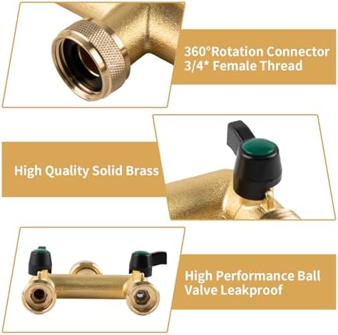 Hose Splitter, 2 Way Heavy Duty Brass Garden Hose Splitter, Outdoor Faucet Splitter, for 3/4" Hose Connector, Hose Spigot Adapter with 2 Individual ON/Off Valves - Image 4