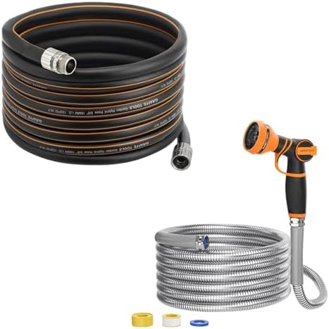 Girafe Tools Garden Hose 50ft x 3/4", 304 Stainless Steel, Flexible Design with 9 Pattern Spray Nozzle and Garden Hose 50ft x 5/8", Custom Length Hose with Male to Female Fittings by GiraffeTools