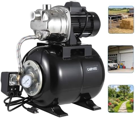 1HP Stainless Steel Water Transfer Pump with Well Pressure Tank – Shallow Well Pump & Irrigation Pump Combo, 130ft Max Lift, 20ft Suction Lift, Automatic Pressure Switch for Farm Use by Unknown