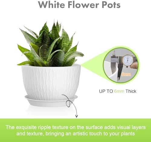 Meowell 12/10/9 inch Large Plant Pots, 3 Pack Wide Flower Pots for Outdoor Indoor Plants with Water Ripples, Big Plastic Planters with Drainage Holes and Saucers for Garden House Plants, White - Image 3