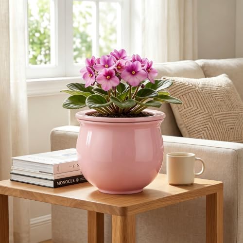 8 Inch Ceramic Self Watering Planter with Absorbent Inner Pot, Pink - Image 3