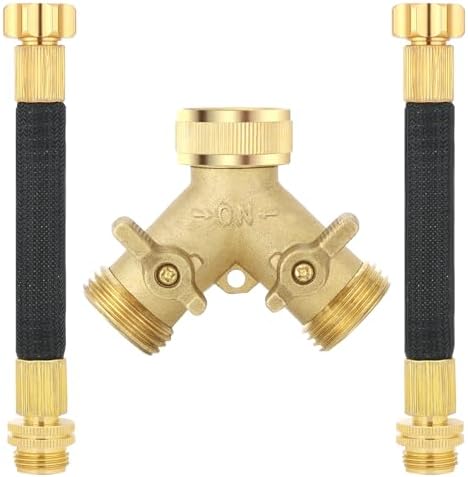3/4 Inch Brass 2-Way Garden Hose Splitter – Y-Shaped Hose Connector with 2 Anti-Kink Spiral Protectors, Heavy-Duty Metal Outdoor Faucet Splitter, Brass Handle Design, Garden Hose Adapter by boersite