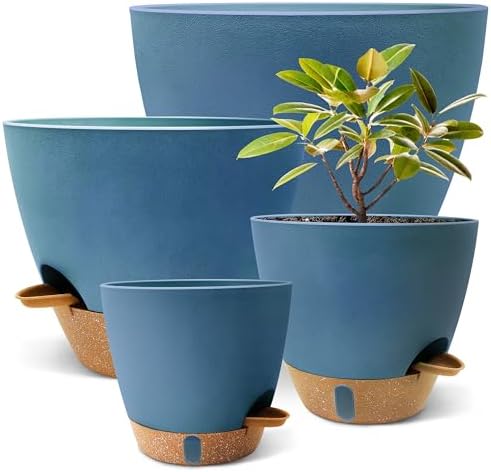 12/10/9/8 inch Self Watering Pots with Visual Water Window, Extra Large Self Watering Plant Pot with Drainage Holes and Saucers, Blue Flower Pots for Indoor Plants by SORANGEUN