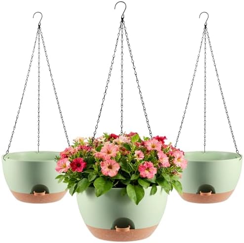 3-Piece Set of 10-Inch Hanging Planters with Automatic Watering System and Drip Tray, Includes Metal Chain, Suitable for Various Indoor and Outdoor Plants and Flowers, Green Brown by Unknown