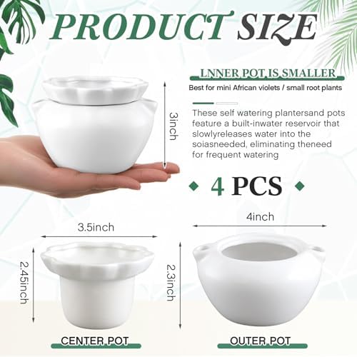 4 Set 4 Inch African Violet Pots Self Watering Ceramic - Image 3