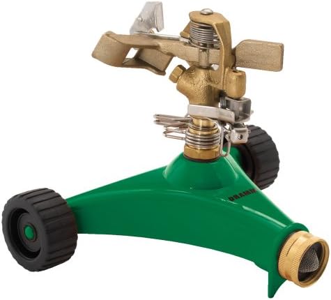 Dramm 15031 ColorStorm Premium Impulse Sprinkler with Heavy-Duty Metal Wheeled Base – Adjustable Brass Sprinkler Head, Waters up to 70 ft Diameter, Green by DRAMM