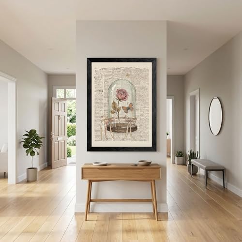 Framed Canvas Wall Art Vintage Mixed Media Dried Rose and Butterfly Cloche Muted Pink and Earthy Sepia Tones Canvas Print Poster Black Frame Wall Decor for Study Room Cottagecore Art, 24x36 Inch - Image 4